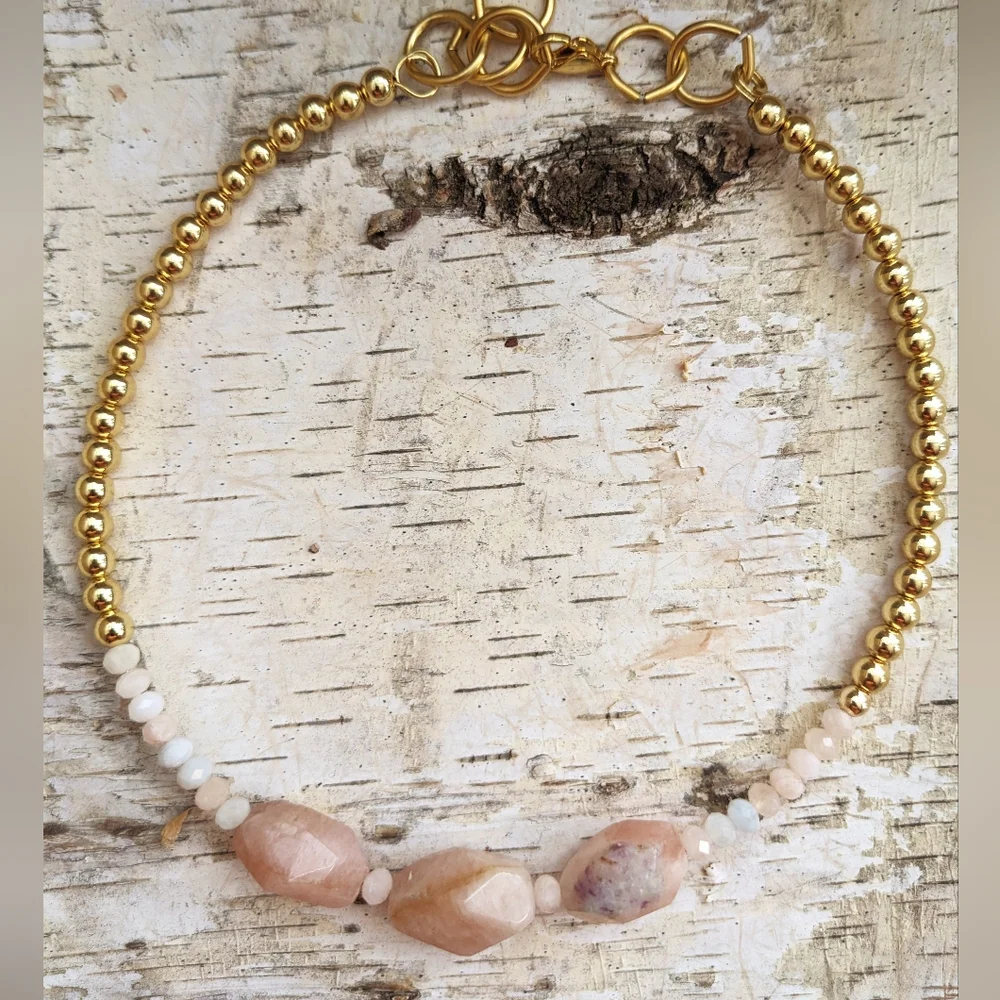 Natural Large Morganite Nugget & Beads With Gold Beads In Choker/Necklace
